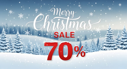 Merry Christmas Sale with 70 Percent Off in Snowy Winter Landscape Discount Offer