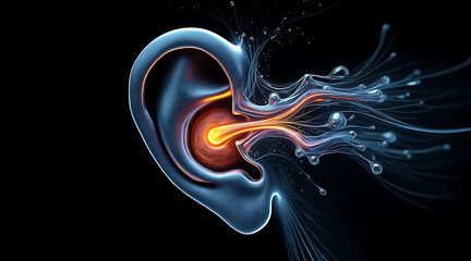Unique and ethereal depiction of human ear with glowing fluid streams flowing outward in dark background, evoking sense of energy and motion