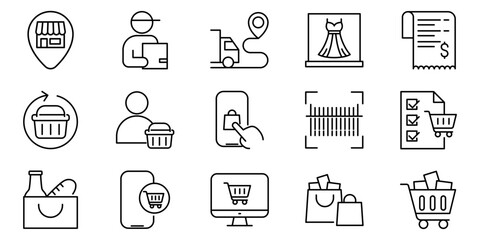 Vector line icon collection representing online shopping, digital retail, and product delivery services for web and mobile interfaces