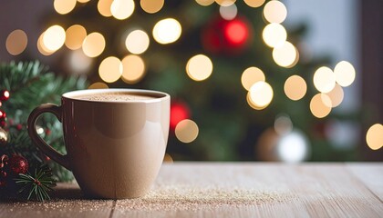Coffee Mug on Wooden Table with Christmas Bokeh