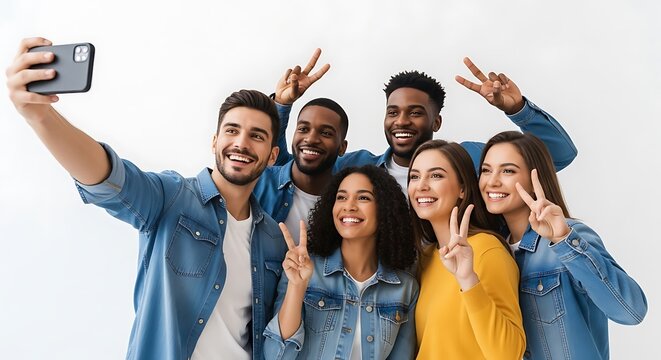 A happy, diverse group of six young adults in denim and casual wear is smiling, making peace signs, and taking a selfie with a smartphone.