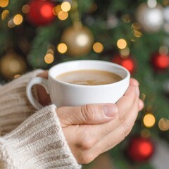 Warm Coffee Mug Held by Hands Near Christmas Tree