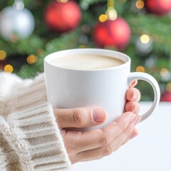 Warm Coffee Mug Held by Hands Near Christmas Tree