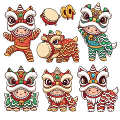 Fototapeta premium Cute Cartoon Chinese Lion Dance Characters Set