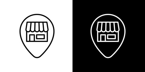 Vector icon of a storefront inside a map pin. Symbol for store locator, local business, and retail address. Thin line graphic design