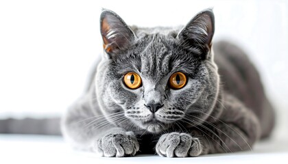 Focused British Shorthair Cat with Intense Gaze on White Background.