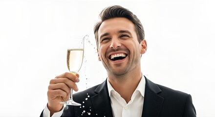 A handsome man in a suit laughing and holding a glass of champagne with a splash.