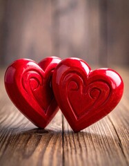 Fototapeta premium Two Red Wooden Interlocking Hearts With High Gloss Finish On Rustic Wood Table - Valentine's Day