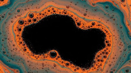 A vibrant sequence of abstract fluid art showing orange and teal ink mixing with oil bubbles. Dynamic macro texture for a creative science or technology themed banner - Powered by Adobe