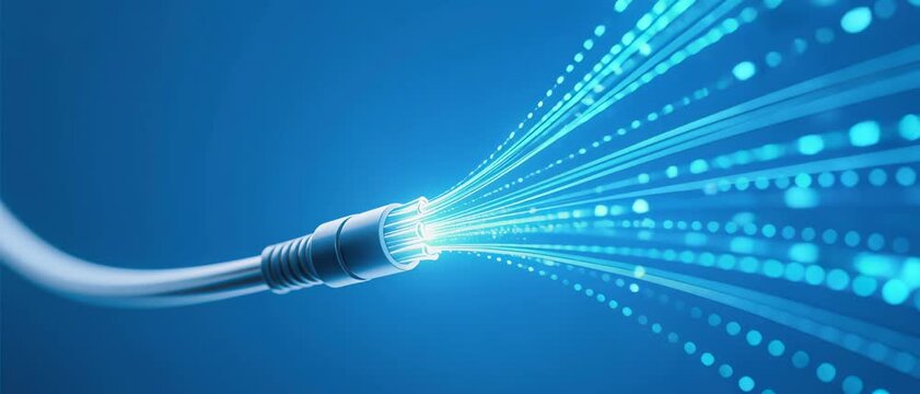 Data Transfer, Fiber Optic Cable, Digital Network, Connection Visualization, Abstract Tech, Blue Cyber Environment, Close-up Viewpoint, High-Speed Internet Concept for SEO