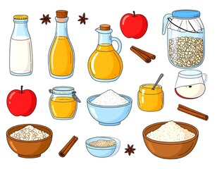 Ingredients for homemade apple pie cartoon illustration on a white background