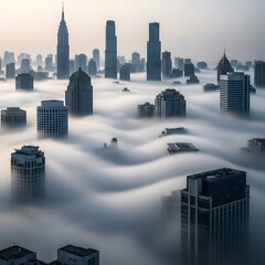A stunning aerial view of a modern city skyline enveloped in thick fog during early morning with skyscrapers emerging through the clouds