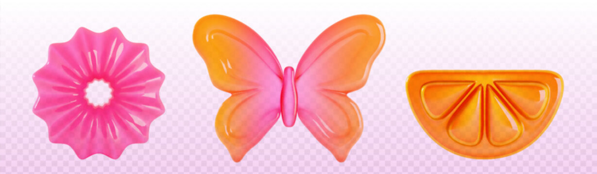 Sweet 3d jelly candies set isolated on transparent background. Vector realistic illustration of cute flower, butterfly, orange shape gummies, tasty color marmalades, organic confectionery products