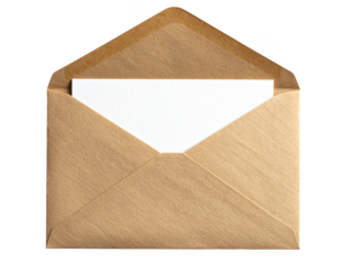 Brown kraft paper envelope with a blank white card inside for mockup. Isolated on transparent background
