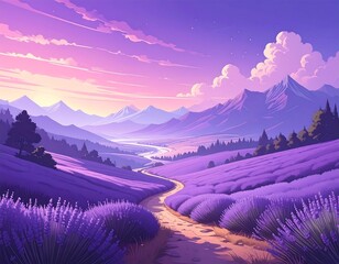 Lavender field at sunset, a pathway leading through mountains on a serene day