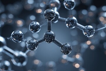 Complex, interconnected structure of carbon based molecules on a sleek blue background. Molecular atoms, intricate chemical bonds details. Scientific innovation research in modern context. Close-up