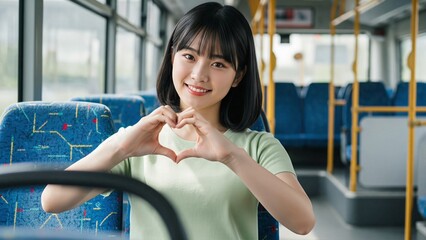 Close Up of Young Asian Women Making Heart Hand Gesture on Bus with Blue Patterned Seats