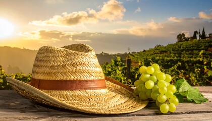 Vineyard Harvest - Straw Hat and Grapes in the Sunset.