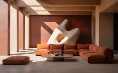 Minimalist living room with modular orange sofa, abstract art, natural light, and shadow play.
