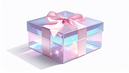 Obraz premium Iridescent gift box tied with a soft pink ribbon, perfect for celebrations and presents