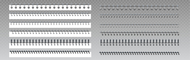 Metal spiral ring binder for notebook with coils and wire binding elements. White rectangular paper strips with silver and black metal springs in various styles. Office stationery document bounds.