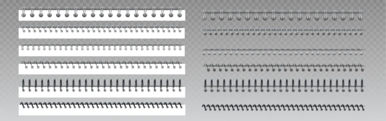 Fototapete Spirale Metal spiral ring binder for notebook with coils and wire binding elements. White rectangular paper strips with silver and black metal springs in various styles. Office stationery document bounds.  © klyaksun