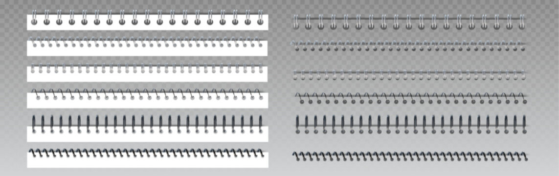 Metal spiral ring binder for notebook with coils and wire binding elements. White rectangular paper strips with silver and black metal springs in various styles. Office stationery document bounds.