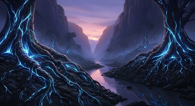 A mystical landscape featuring glowing blue lightning illuminating a deep canyon with steep cliffs and a tranquil river flowing through the center at dusk