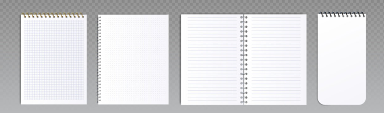 Notebook pages with spiral ring binder for writing and sketching - checkered and dotted, lined or blank sheets. Metal coils bind paper for office and school use for notes, planning or drawing tasks.