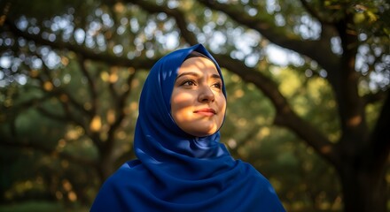 A young woman wearing a blue hijab is standing outdoors in a park with sunlight filtering through the trees, creating a serene and peaceful atmosphere