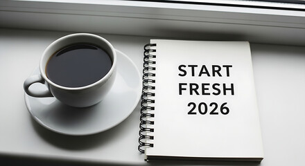 Conceptual image for planning and goals, featuring a coffee cup and a white notebook with the "START FRESH 2026" text for a motivated morning.