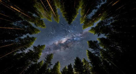 A stunning view of the night sky with the Milky Way galaxy visible above a dense forest of tall pine trees, captured from the ground looking upward