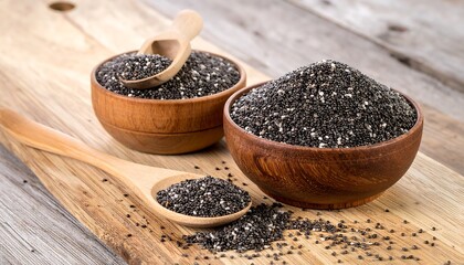 Chia Seeds in Wooden Bowls on Wooden Board - A Healthy Superfood.