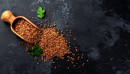 Buckwheat grains in wooden scoop on dark background with parsley.