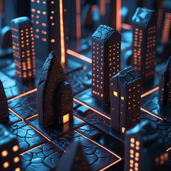 Miniature city skyline with glowing windows and futuristic design elements