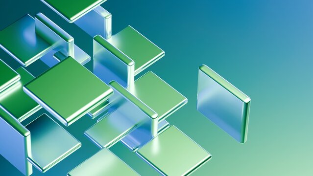 Abstract geometric blocks on green background, 3d render.