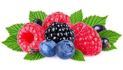 Fresh and Vibrant Berry Medley with Green Leaves.