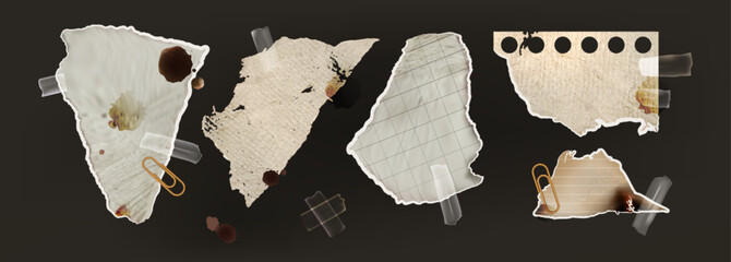 Torn vintage paper sticker collection with rip edges, stains and tape for scrapbooking or journal decoration. Aged notebook sheets with grid texture, burn marks and clips for retro collage design.