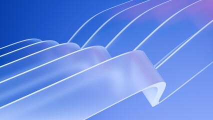 Abstract wavy curved 3d render. Blue soft layers of glass plastic with lines, folds, ruffles. Modern wallpaper, texture pattern.
