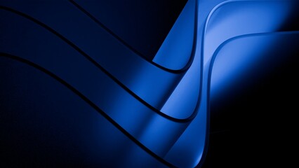 Abstract wavy curved 3d render. Blue soft layers of glass plastic with lines, folds, ruffles. Modern wallpaper, texture pattern.