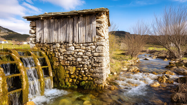  Ancient watermill with stone grinding wheels by a riverside, rustic wooden structure. safety posters.