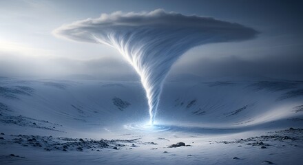 A powerful and dramatic tornado forms over a snow-covered landscape under a cloudy sky, showcasing natural weather phenomena in a winter environment