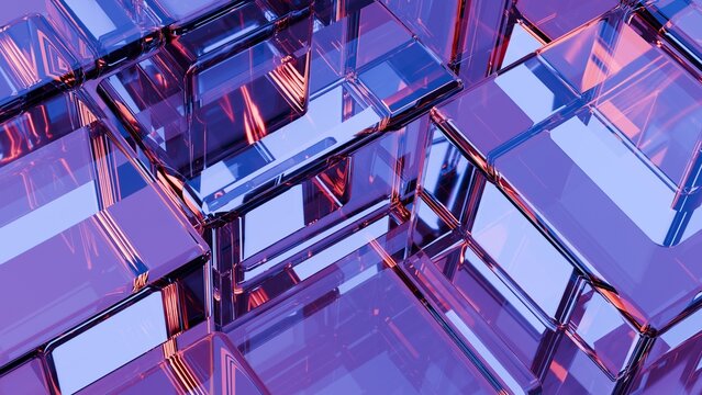 Abstract geometric cubes on dark background, 3d render.