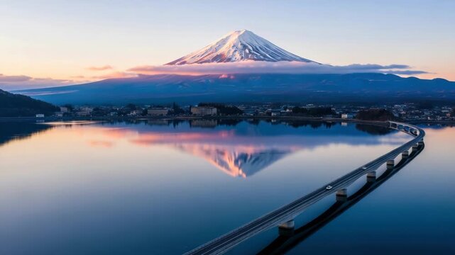 Scenic panorama of mount fuji and lake kawaguchiko at sunrise. Iconic snow capped volcano reflecting in calm water with a long bridge and town. Famous travel destination in japan