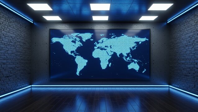 Digital world map display in modern tech room