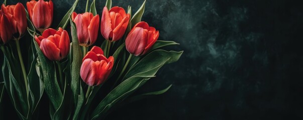 Banner with beautiful red tulips arranged in a bouquet on dark background for special occasion, copy space