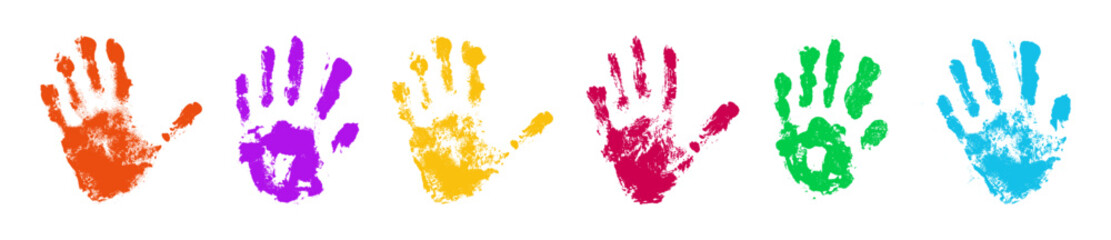 Colorful palm handprint marks with paint textures for creative projects or children activities. Vibrant finger impressions in bright rainbow colors. Identity and kids art design elements set.