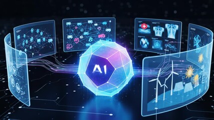 AI-Powered Data Analysis for Sustainable Solutions Futuristic Visualization of Medical, Transport, and Energy Systems with Holographic Displays - Powered by Adobe
