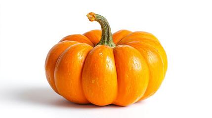 Obraz premium Close up of a single orange pumpkin with a green stem on a white background in a studio setting