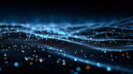 Futuristic AI Data Wave Network – Glowing Digital Mesh and Blue Particle Background